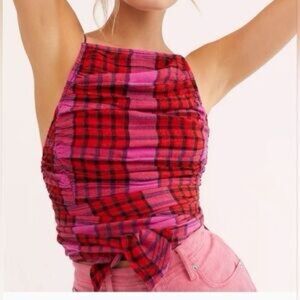 free People Plaid Red and Pink Women's Top